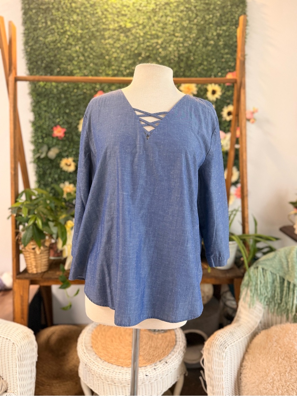 Van Heusen Denim-Blue Crisscross V-Neck Tunic